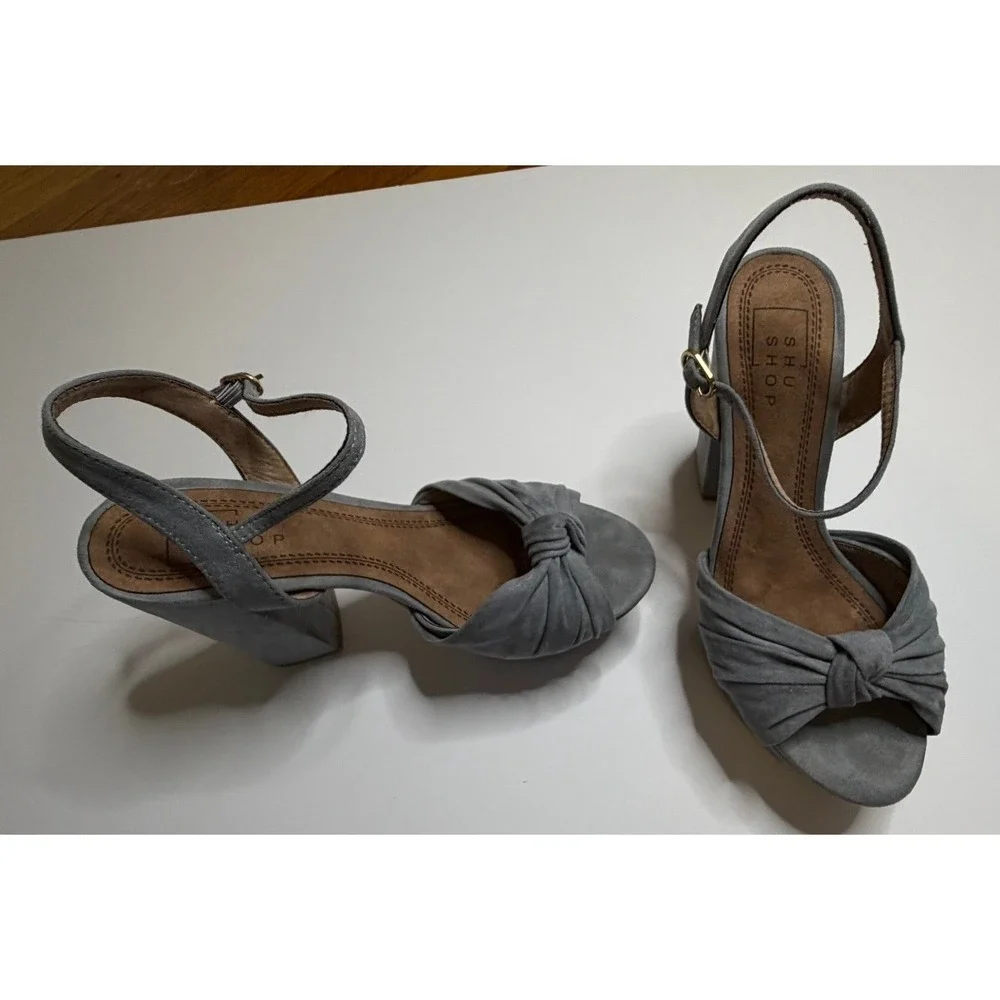 Shu Shop‎ Blue Grey Faux Suede Knotted Platform Block Heel Sandals Womens  7/12